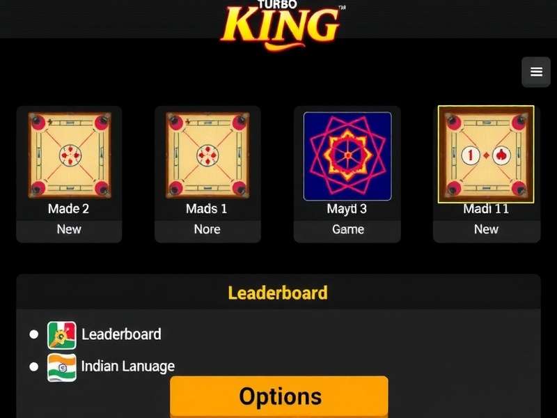 Turbo Carrom King - Home Screen Turbo Carrom King home screen showing game modes, leaderboard and Indian language options
